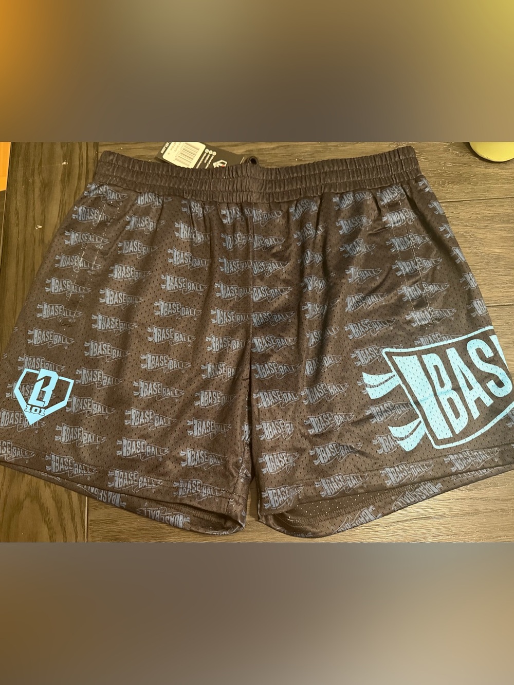 Men's Black Athletic Shorts with Light Blue Accent - Baseball Print